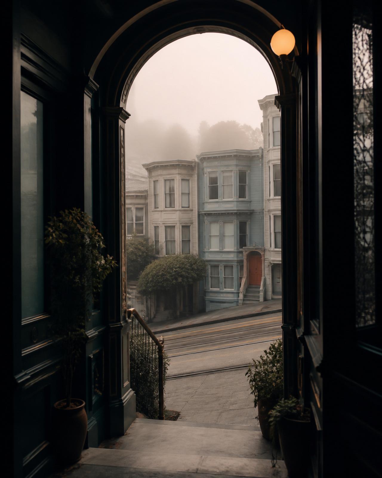 An open wooden door revealing a warmly lit interior room — a threshold into depth-oriented care.